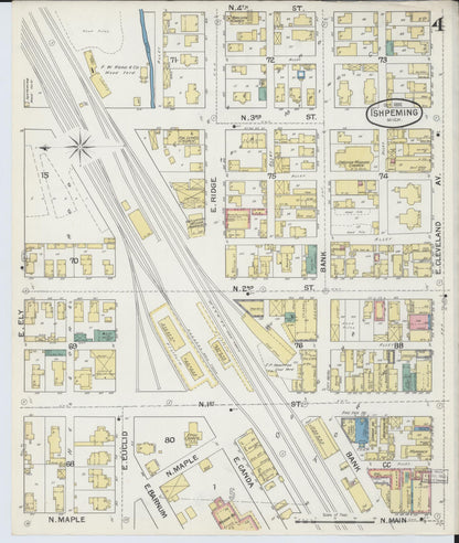 Sanborn Fire Insurance Map from Ishpeming, Marquette County, Michigan (1892), Sheet #0004 - Historic Sanborn Fire Insurance Map Print, vintage old map wall art, antique decor, genealogy gift, Michigan Michigan map