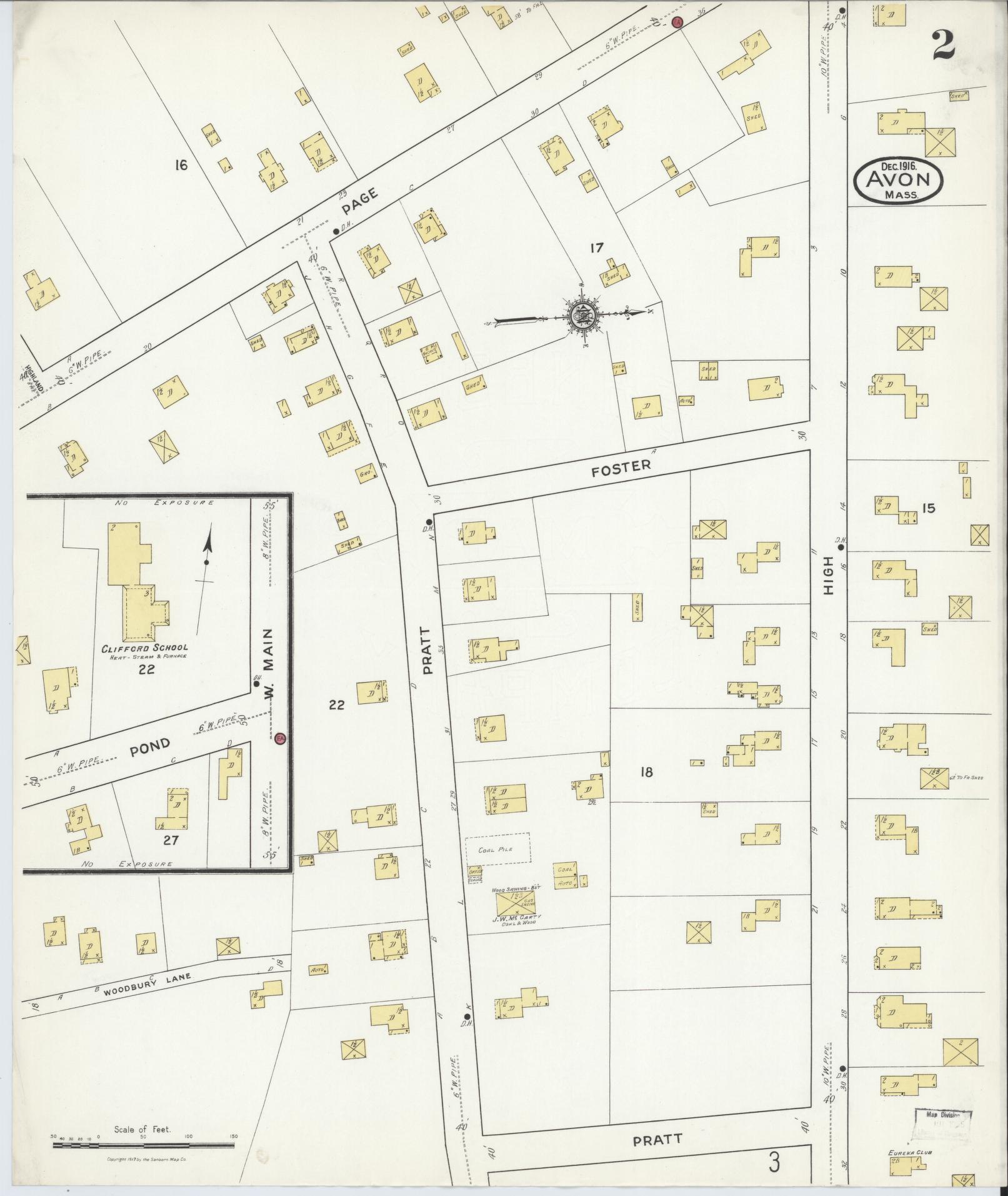 Sanborn Fire Insurance Map from Avon, Norfolk County, Massachusetts (1916), Sheet #0002 - Historic Sanborn Fire Insurance Map Print, vintage old map wall art, antique decor, genealogy gift, Massachusetts Massachusetts map