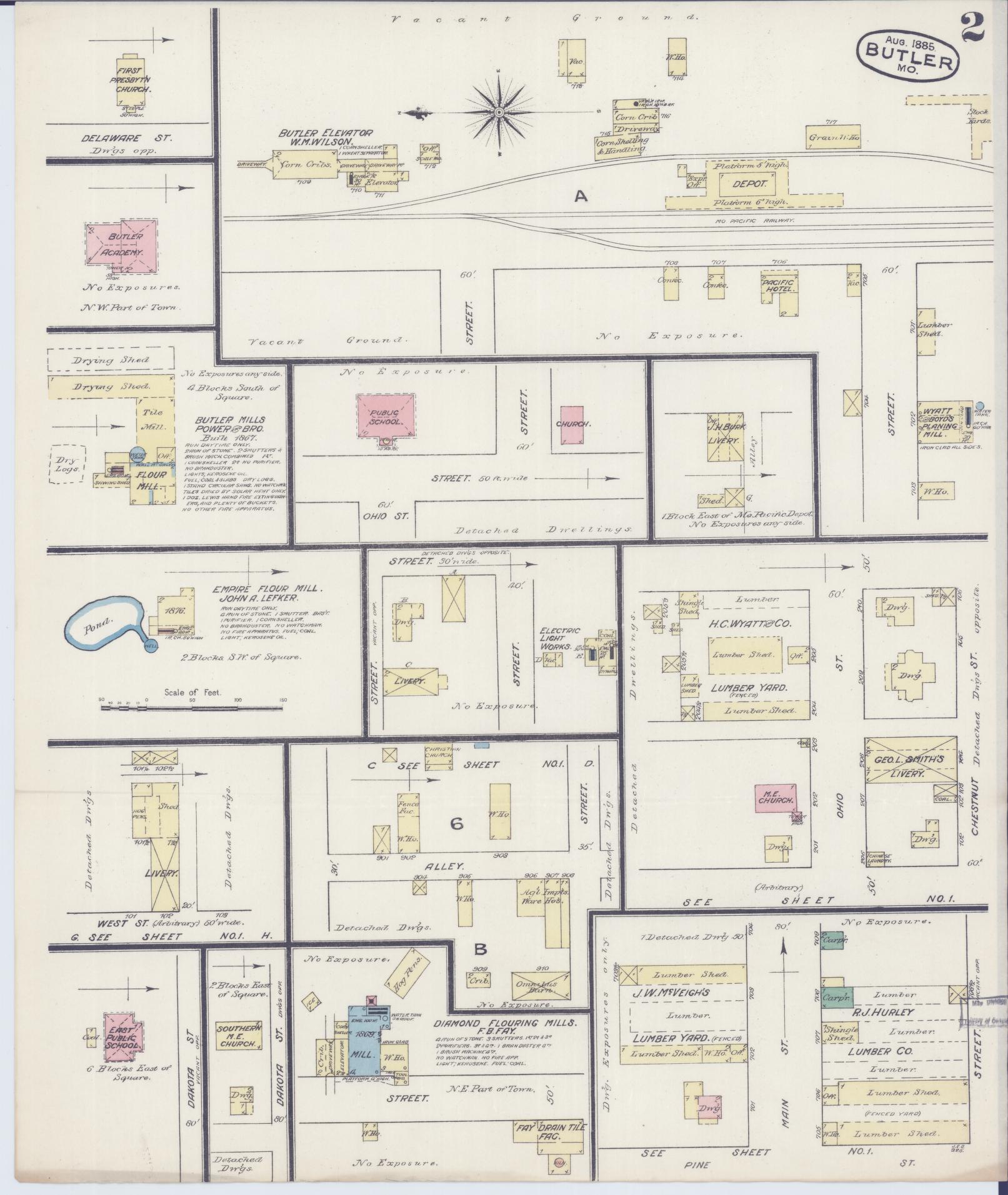 Sanborn Fire Insurance Map from Butler, Bates County, Missouri (1885), Sheet #0002 - Complete Map Set gallery image, historic Sanborn map, vintage wall art, Missouri Missouri