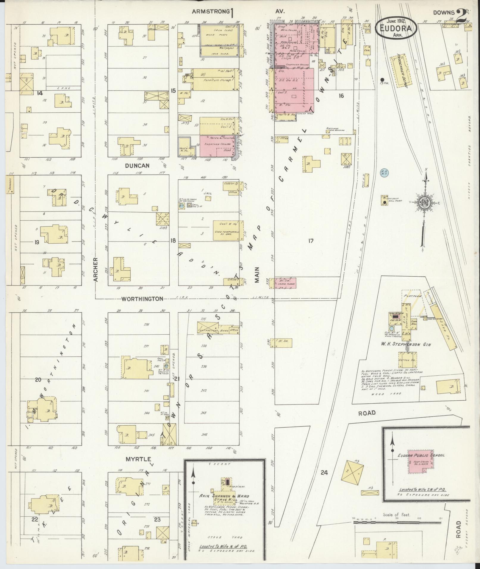 Sanborn Fire Insurance Map from Eudora, Chicot County, Arkansas (1912), Sheet #0002 - Complete Map Set gallery image, historic Sanborn map, vintage wall art, Arkansas Arkansas