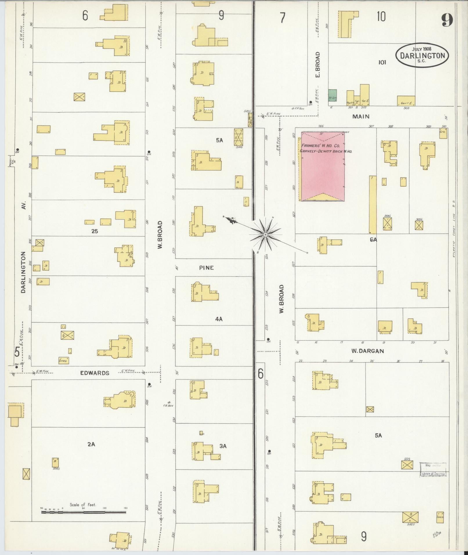 Sanborn Fire Insurance Map from Darlington, Darlington County, South Carolina (1908), Sheet #0009 - Complete Map Set gallery image, historic Sanborn map, vintage wall art, South Carolina South Carolina