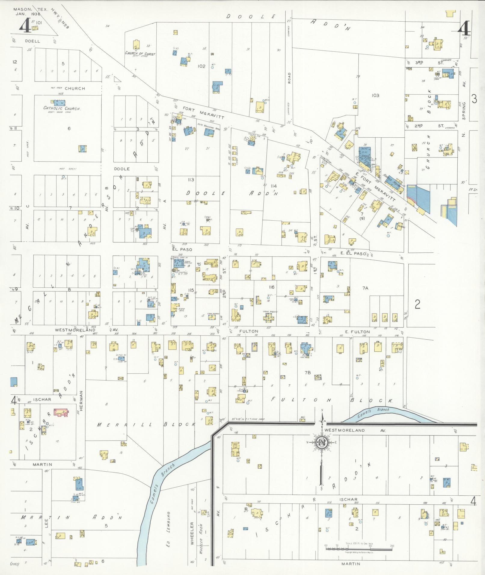 Sanborn Fire Insurance Map from Mason, Mason County, Texas (1936), Sheet #0004 - Complete Map Set gallery image, historic Sanborn map, vintage wall art, Texas Texas