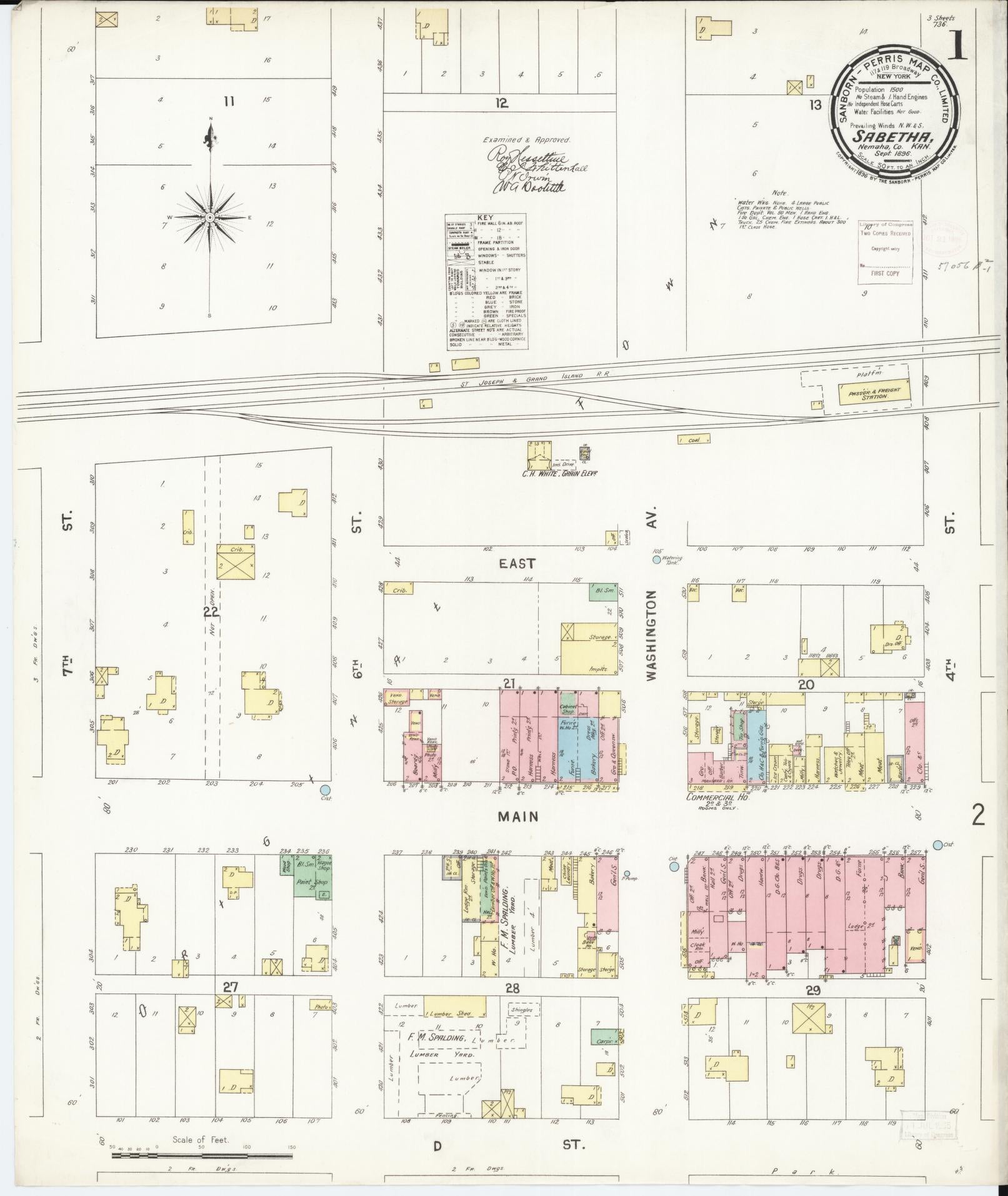 Sanborn Fire Insurance Map from Sabetha, Nemaha County, Kansas (1896), Sheet #0001 - Historic Sanborn Fire Insurance Map Print, vintage old map wall art, antique decor, genealogy gift, Kansas Kansas map