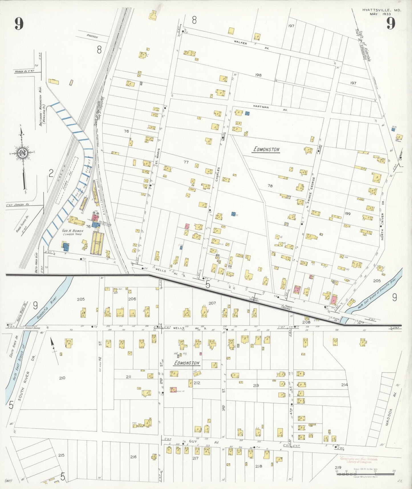Sanborn Fire Insurance Map from Hyattsville, Prince Georges County, Maryland (1933), Sheet #0009 - Complete Map Set gallery image, historic Sanborn map, vintage wall art, Maryland Maryland