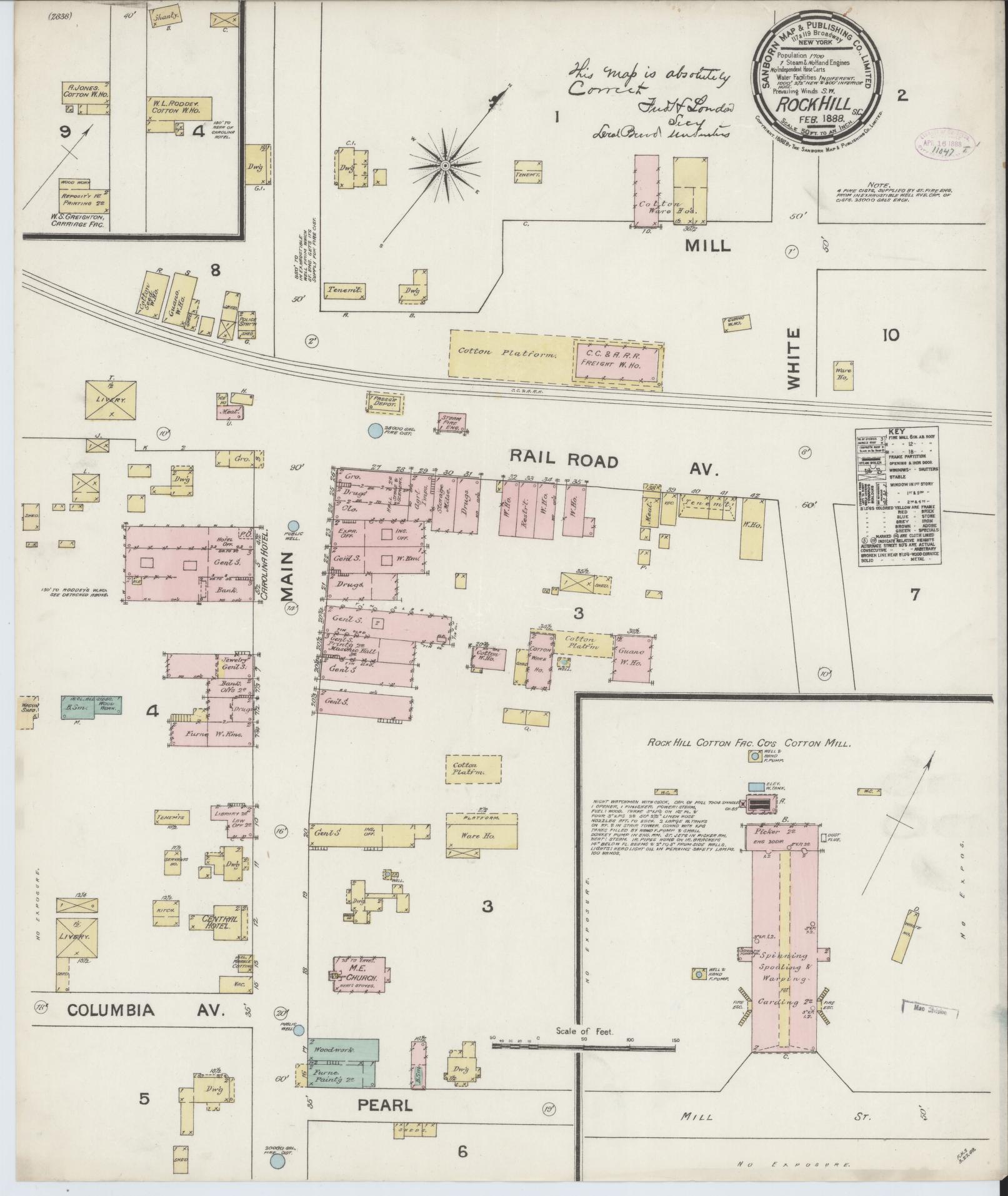 Sanborn Fire Insurance Map from Rock Hill, York County, South Carolina (1888), Sheet #0001 - Historic Sanborn Fire Insurance Map Print, vintage old map wall art, antique decor, genealogy gift, South Carolina South Carolina map