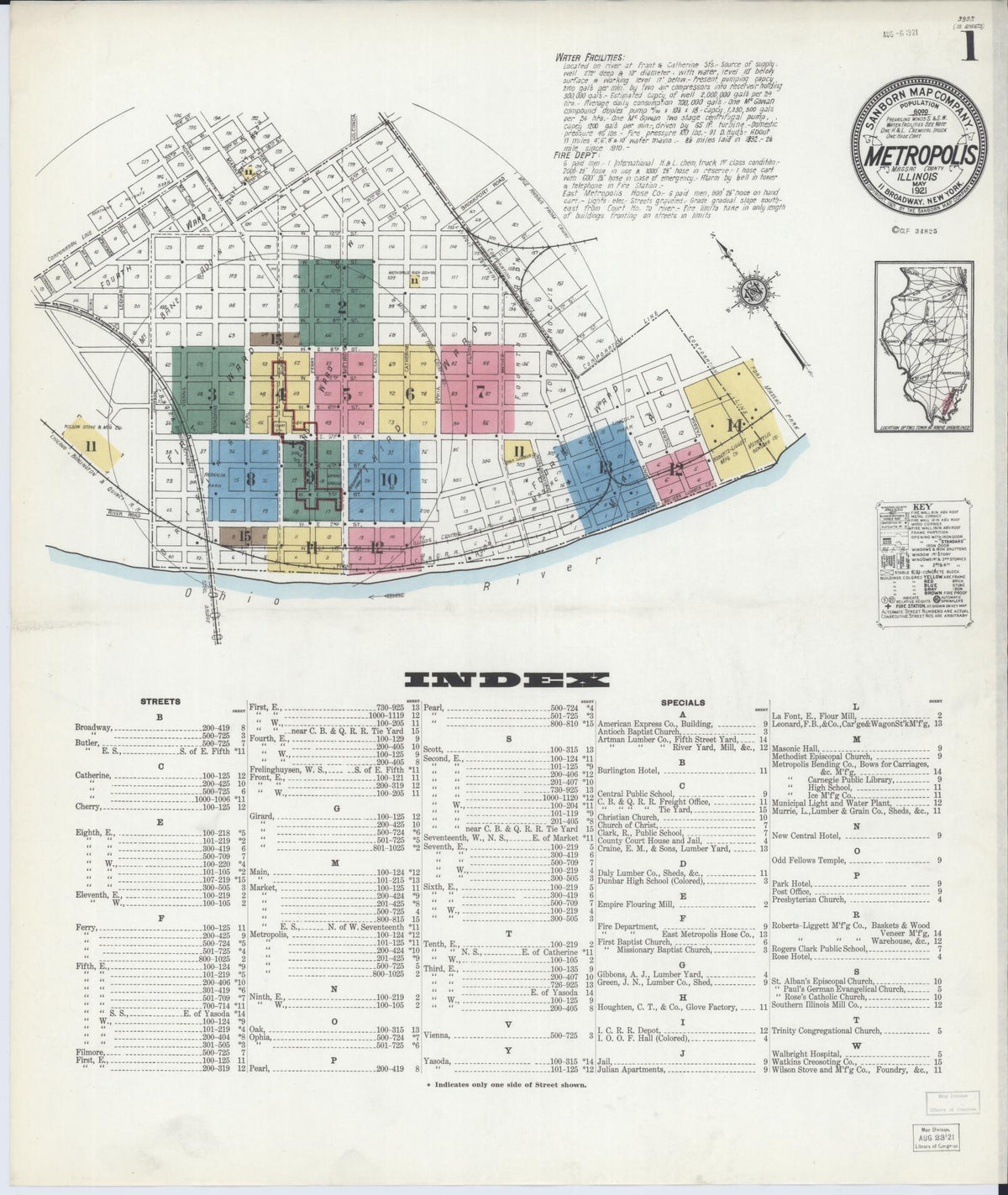 Sanborn Fire Insurance Map from Metropolis, Massac County, Illinois (1921), Sheet #0001 - Complete Map Set gallery image, historic Sanborn map, vintage wall art, Illinois Illinois