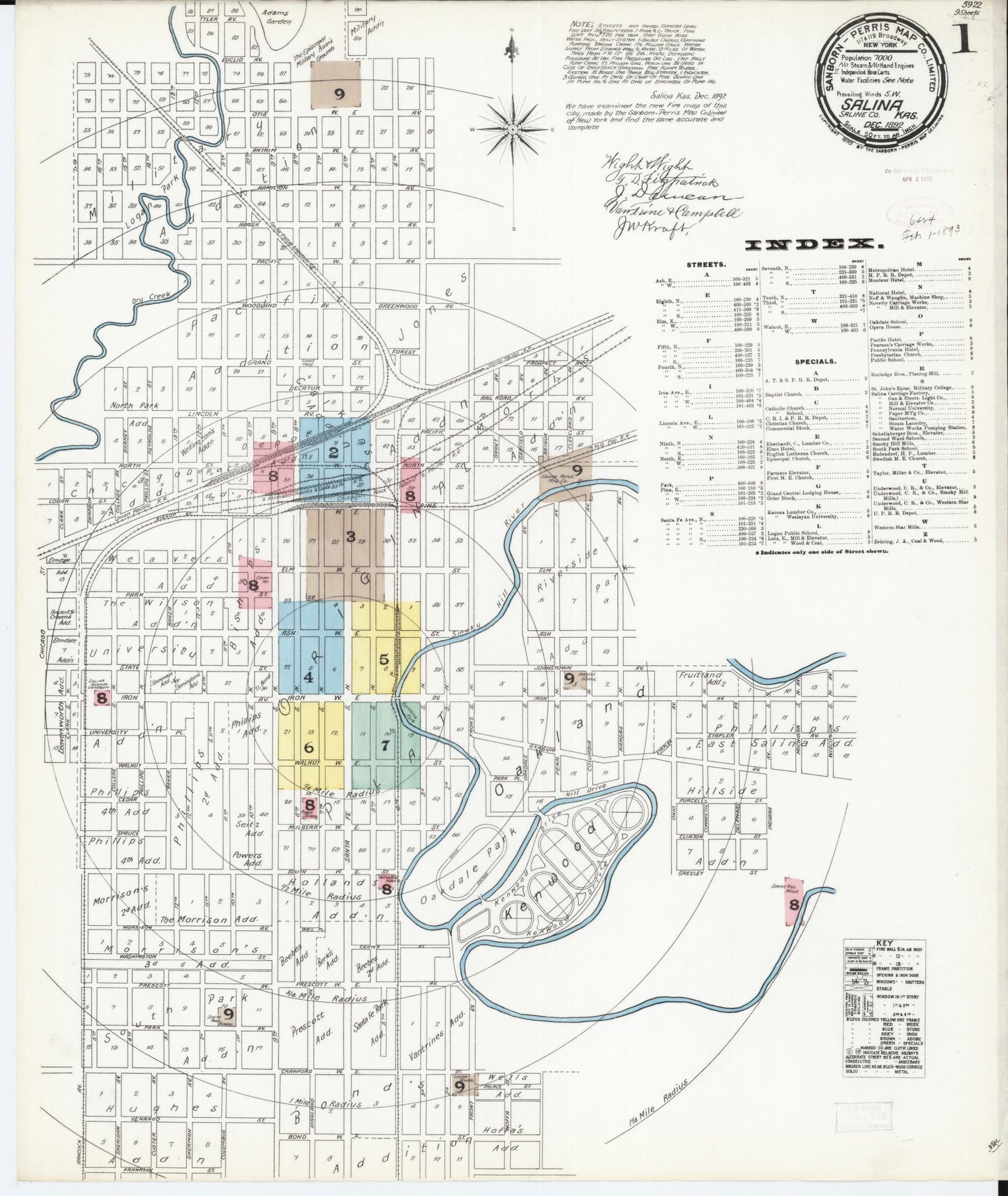 Sanborn Fire Insurance Map from Salina, Saline County, Kansas (1892), Sheet #0001 - Historic Sanborn Fire Insurance Map Print, vintage old map wall art, antique decor, genealogy gift, Kansas Kansas map