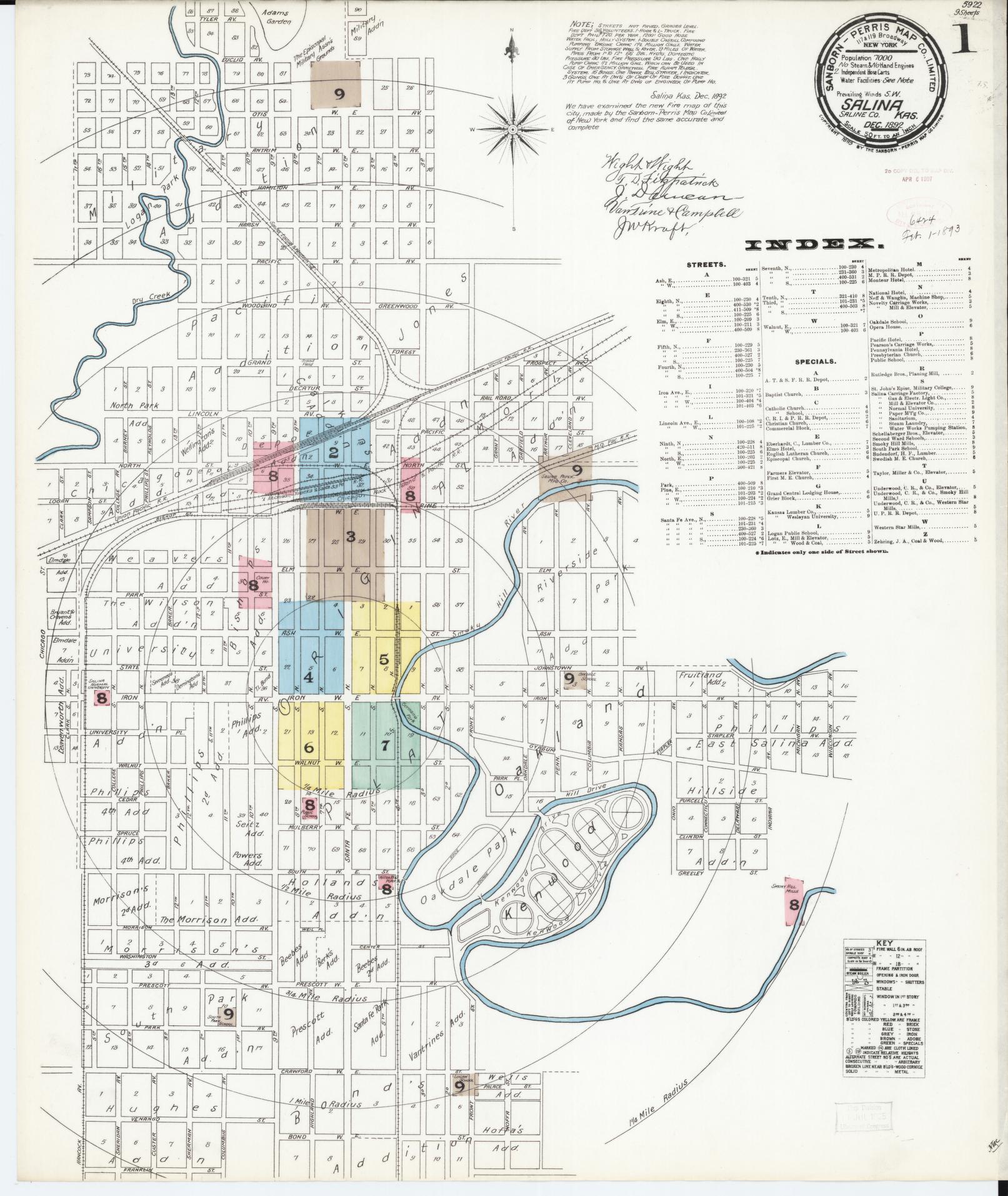 Sanborn Fire Insurance Map from Salina, Saline County, Kansas (1892), Sheet #0001 - Historic Sanborn Fire Insurance Map Print, vintage old map wall art, antique decor, genealogy gift, Kansas Kansas map
