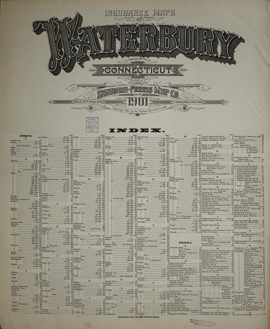 Sanborn Fire Insurance Map from Waterbury, New Haven County, Connecticut (1901), Sheet #0001 - Historic Sanborn Fire Insurance Map Print, vintage old map wall art, antique decor, genealogy gift, Connecticut Connecticut map