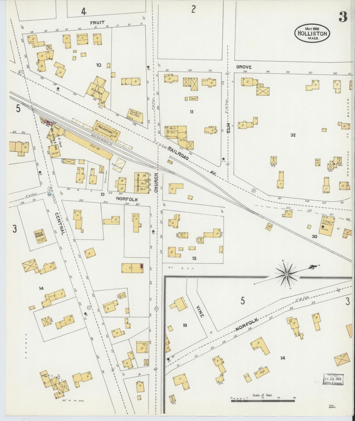 Sanborn Fire Insurance Map from Holliston, Middlesex County, Massachusetts (1906), Sheet #0003 - Complete Map Set gallery image, historic Sanborn map, vintage wall art, Massachusetts Massachusetts