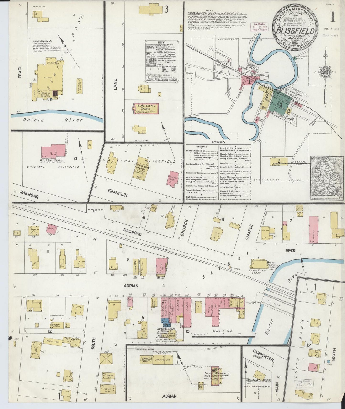 Sanborn Fire Insurance Map from Blissfield, Lenawee County, Michigan (1912), Sheet #0001 - Complete Map Set gallery image, historic Sanborn map, vintage wall art, Michigan Michigan