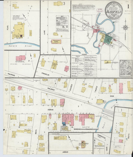 Sanborn Fire Insurance Map from Blissfield, Lenawee County, Michigan (1912), Sheet #0001 - Complete Map Set gallery image, historic Sanborn map, vintage wall art, Michigan Michigan