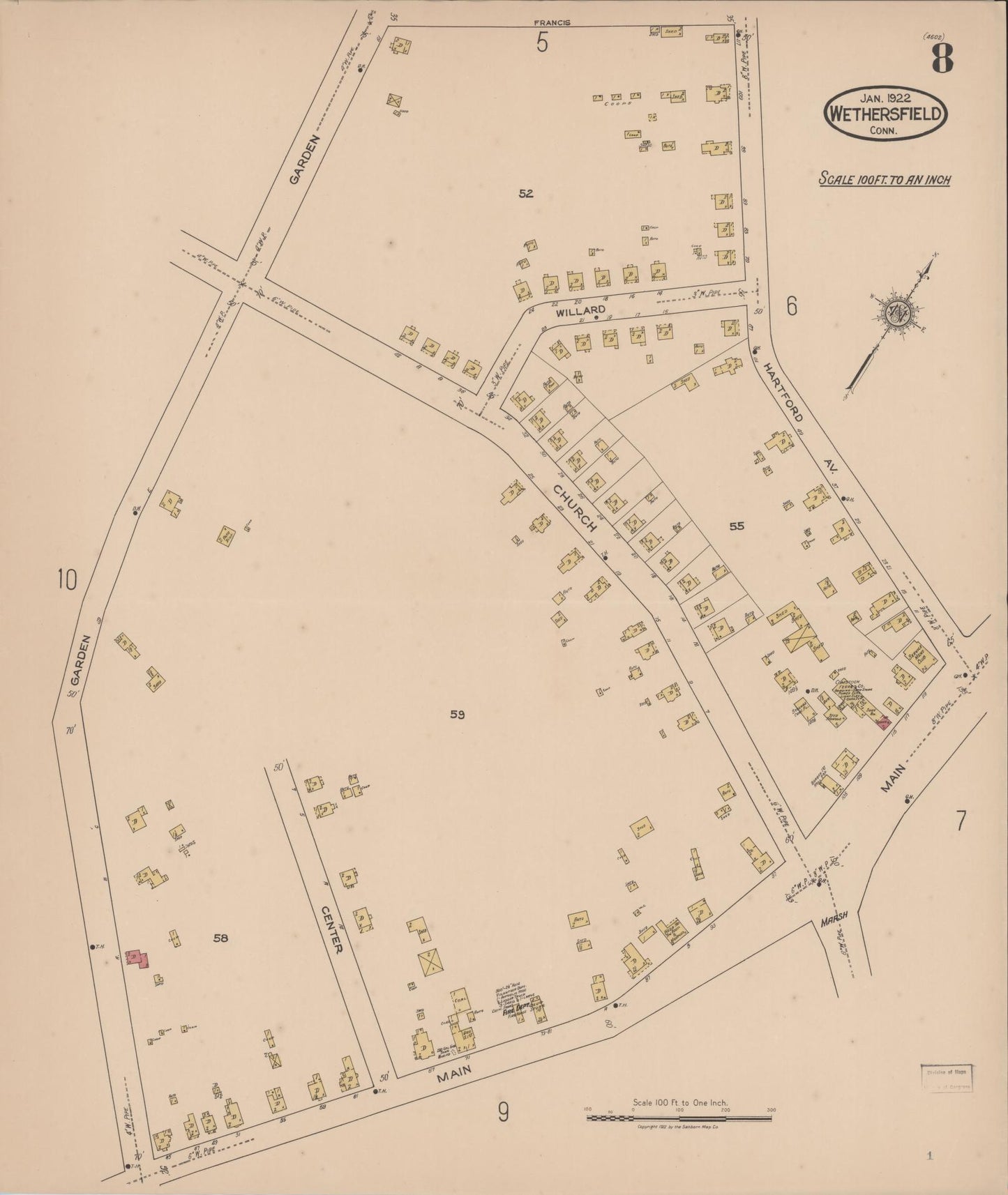 Sanborn Fire Insurance Map from Wethersfield, Hartford County, Connecticut (1922), Sheet #0008 - Complete Map Set gallery image, historic Sanborn map, vintage wall art, Connecticut Connecticut