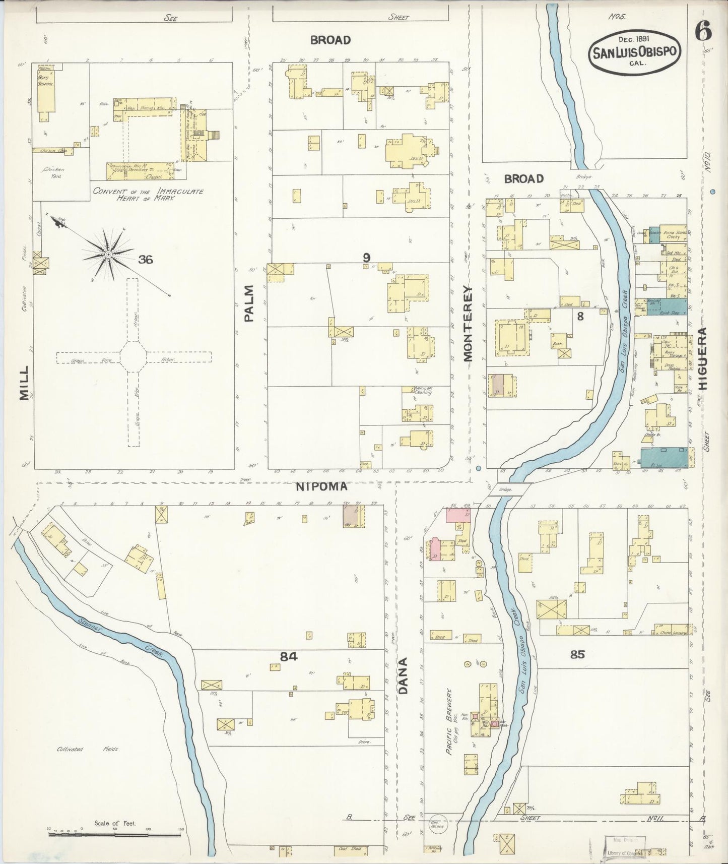 Sanborn Fire Insurance Map from San Luis Obispo, San Luis Obispo County, California (1891), Sheet #0006 - Complete Map Set gallery image, historic Sanborn map, vintage wall art, California California