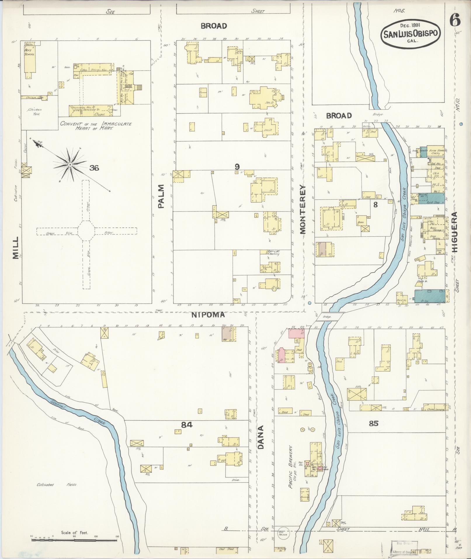 Sanborn Fire Insurance Map from San Luis Obispo, San Luis Obispo County, California (1891), Sheet #0006 - Complete Map Set gallery image, historic Sanborn map, vintage wall art, California California