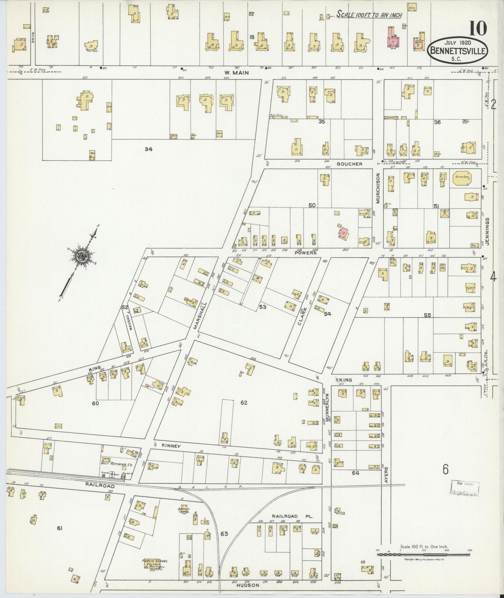 Sanborn Fire Insurance Map from Bennettsville, Marlboro County, South Carolina (1920), Sheet #0010 - Historic Sanborn Fire Insurance Map Print, vintage old map wall art, antique decor, genealogy gift, South Carolina South Carolina map