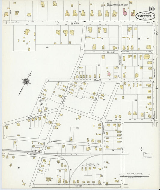 Sanborn Fire Insurance Map from Bennettsville, Marlboro County, South Carolina (1920), Sheet #0010 - Historic Sanborn Fire Insurance Map Print, vintage old map wall art, antique decor, genealogy gift, South Carolina South Carolina map