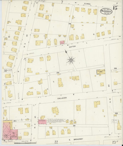 Sanborn Fire Insurance Map from Muskogee, Muskogee County, Oklahoma (1907), Sheet #0015 - Complete Map Set gallery image, historic Sanborn map, vintage wall art, Oklahoma Oklahoma