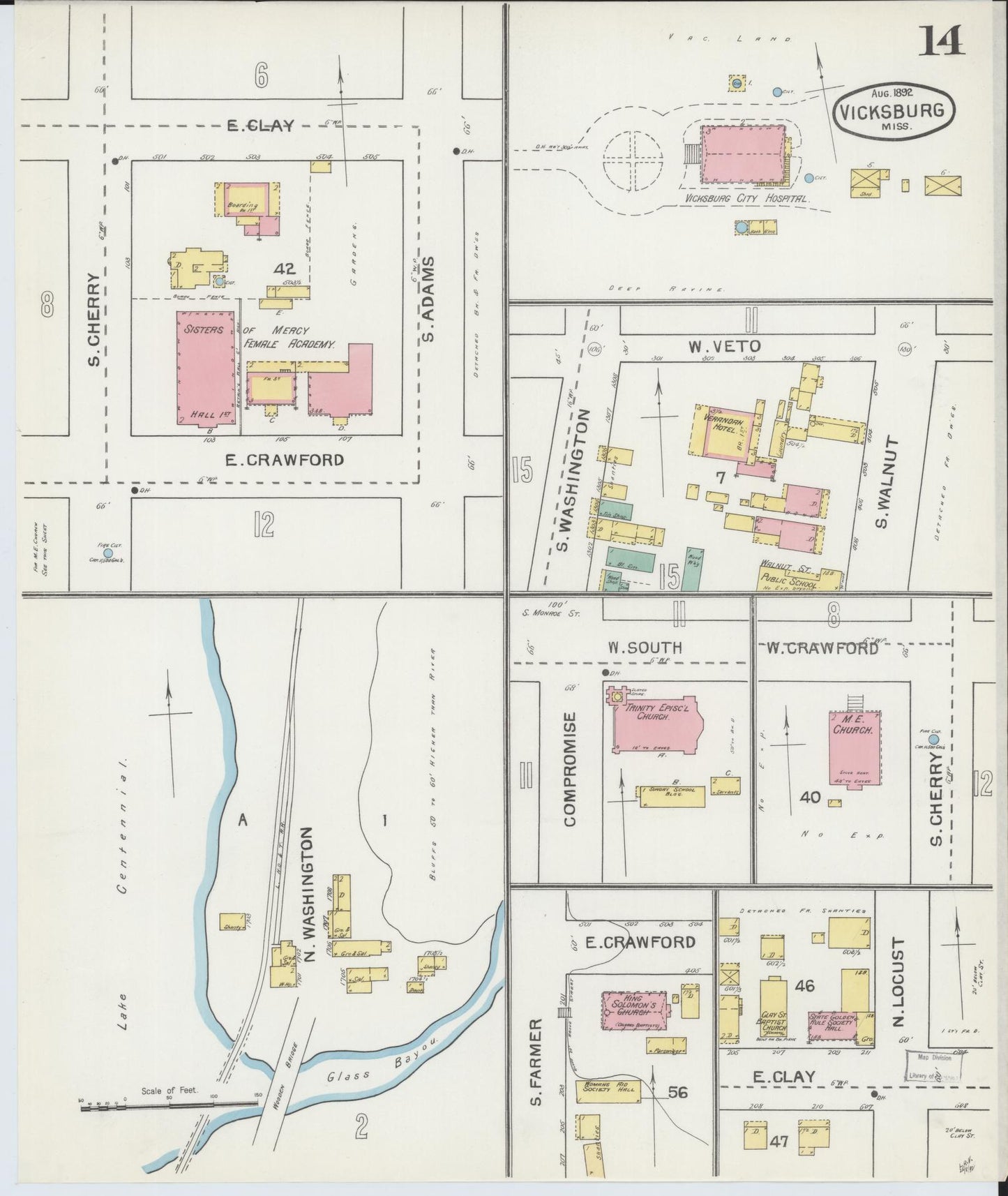 Sanborn Fire Insurance Map from Vicksburg, Warren County, Mississippi (1892), Sheet #0014 - Complete Map Set gallery image, historic Sanborn map, vintage wall art, Mississippi Mississippi