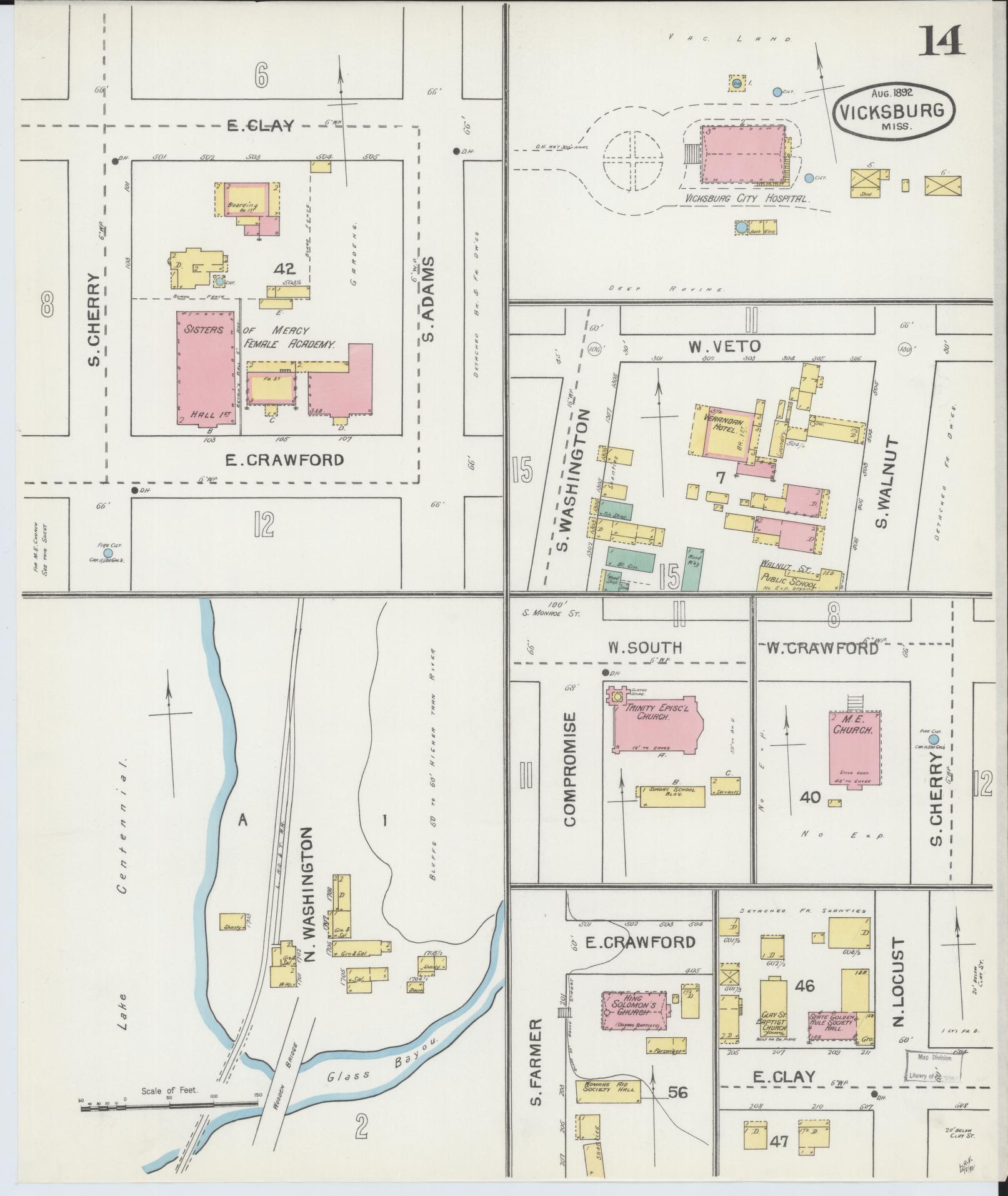 Sanborn Fire Insurance Map from Vicksburg, Warren County, Mississippi (1892), Sheet #0014 - Complete Map Set gallery image, historic Sanborn map, vintage wall art, Mississippi Mississippi