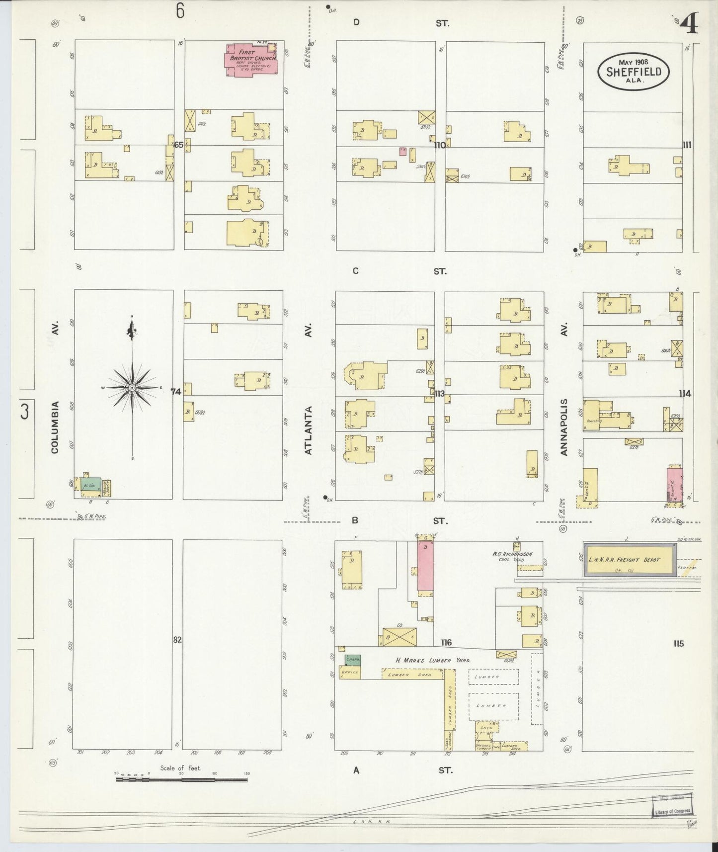 Sanborn Fire Insurance Map from Sheffield, Colbert County, Alabama (1908), Sheet #0004 - Complete Map Set gallery image, historic Sanborn map, vintage wall art, Alabama Alabama