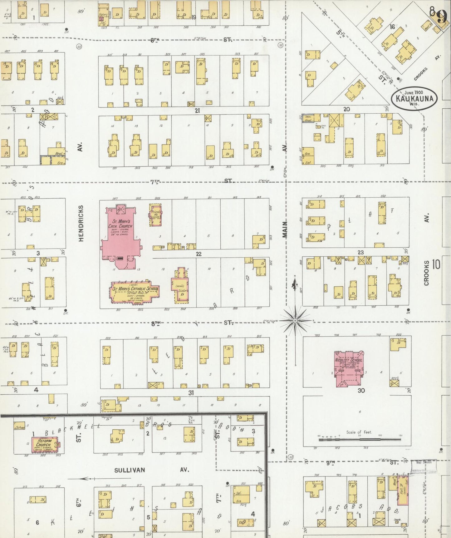 Sanborn Fire Insurance Map from Kaukauna, Outagamie County, Wisconsin (1900), Sheet #0009 - Historic Sanborn Fire Insurance Map Print, vintage old map wall art, antique decor, genealogy gift, Wisconsin Wisconsin map
