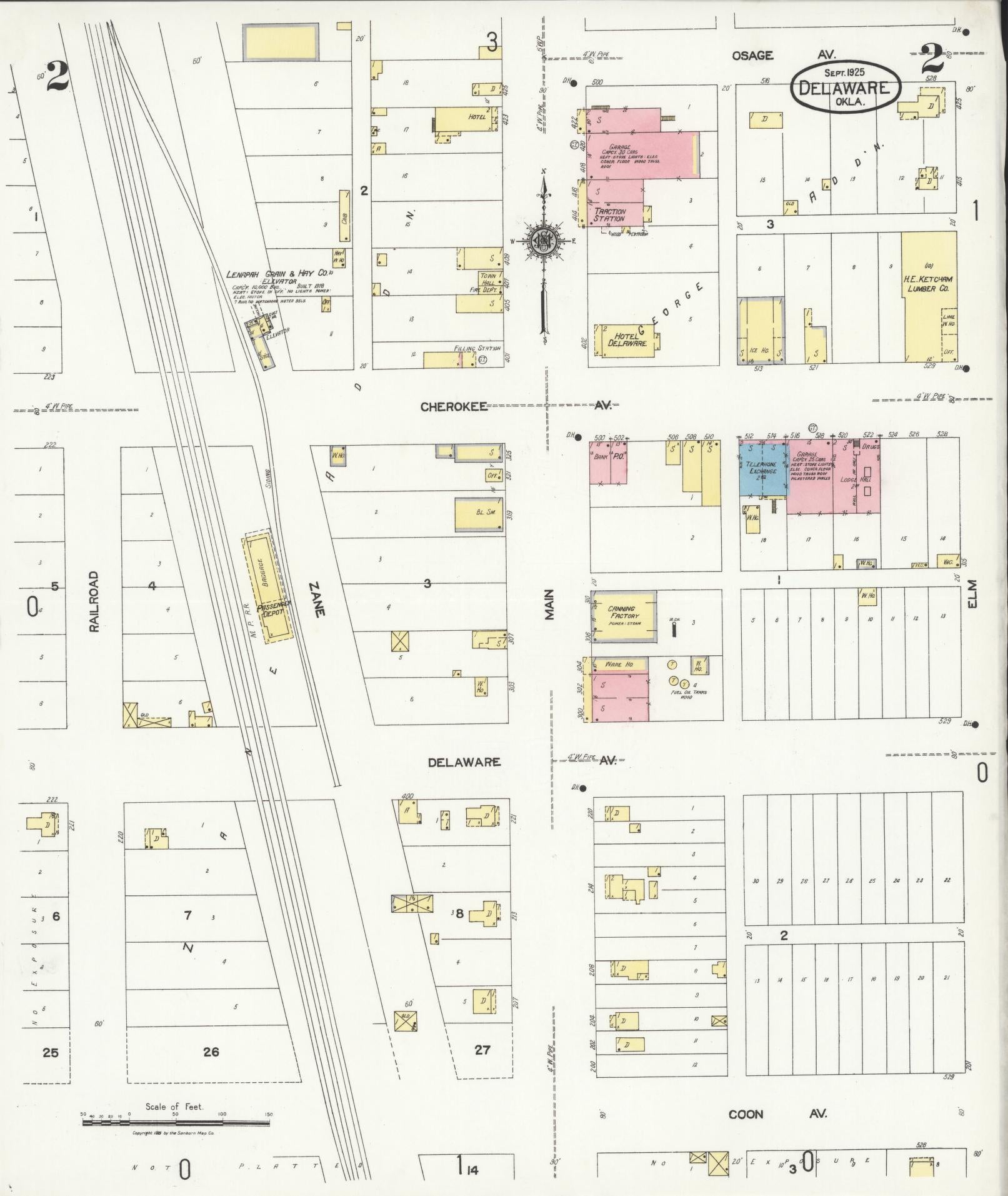 Sanborn Fire Insurance Map from Delaware, Nowata County, Oklahoma (1925), Sheet #0002 - Complete Map Set gallery image, historic Sanborn map, vintage wall art, Delaware Delaware