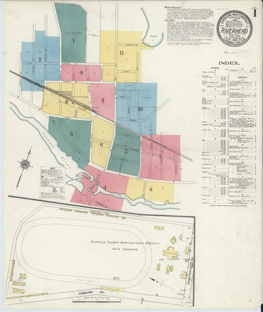 Sanborn Fire Insurance Map from Riverhead, Suffolk County, New York (1909), Sheet #0001 - Historic Sanborn Fire Insurance Map Print, vintage old map wall art, antique decor, genealogy gift, New York New York map