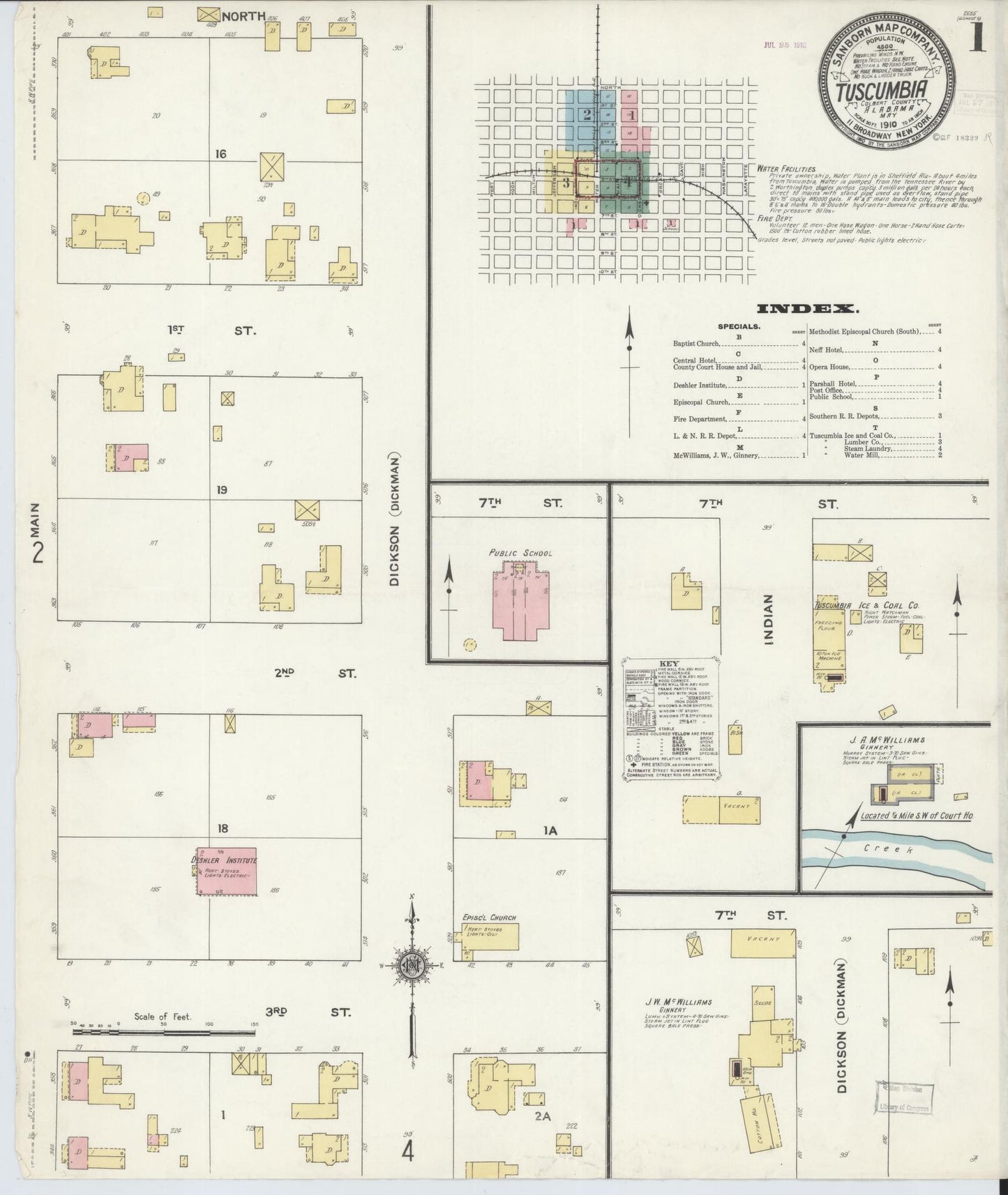 Sanborn Fire Insurance Map from Tuscumbia, Colbert County, Alabama (1910), Sheet #0001 - Complete Map Set gallery image, historic Sanborn map, vintage wall art, Alabama Alabama