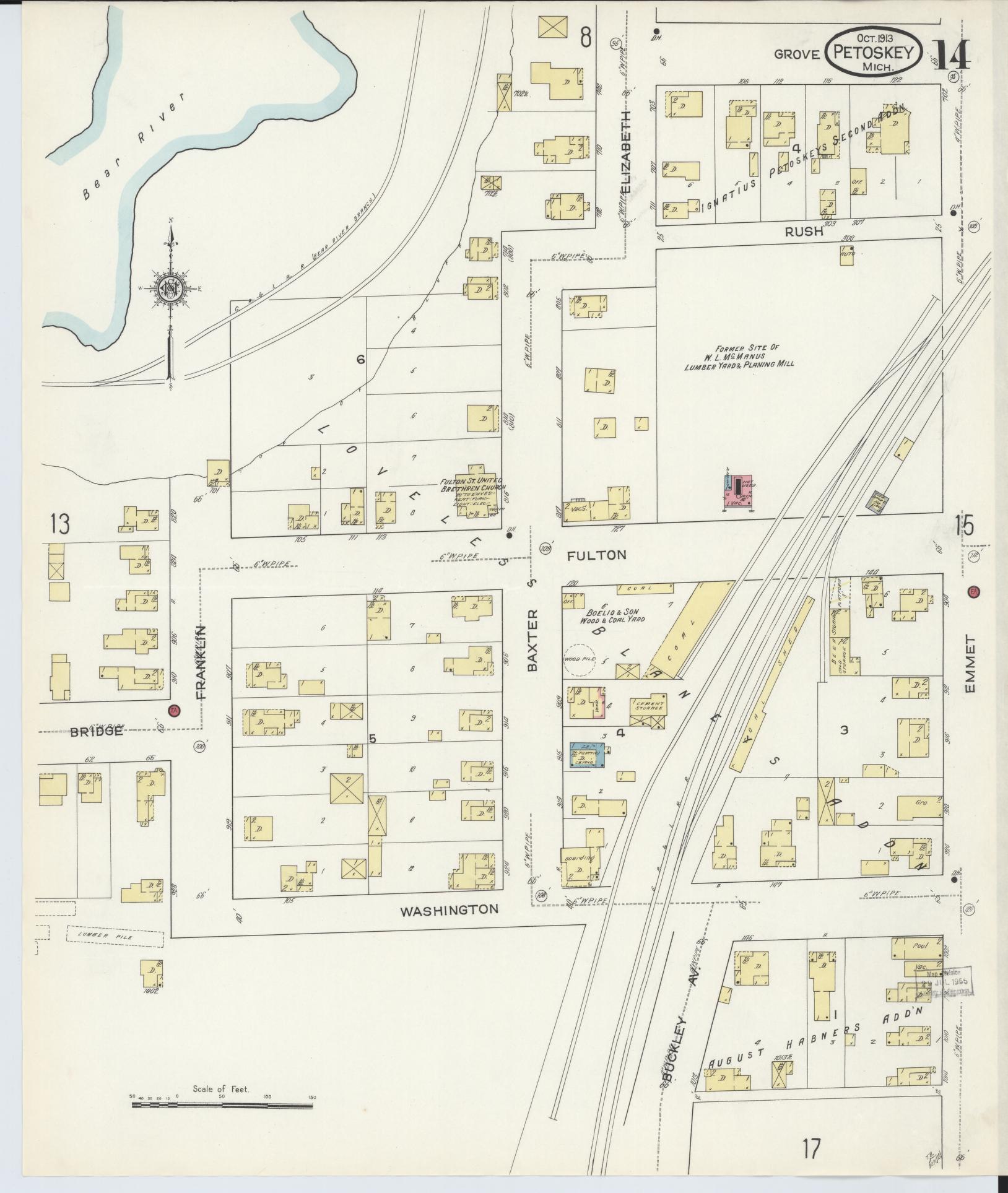Sanborn Fire Insurance Map from Petoskey, Emmet County, Michigan (1913), Sheet #0014 - Historic Sanborn Fire Insurance Map Print, vintage old map wall art, antique decor, genealogy gift, Michigan Michigan map