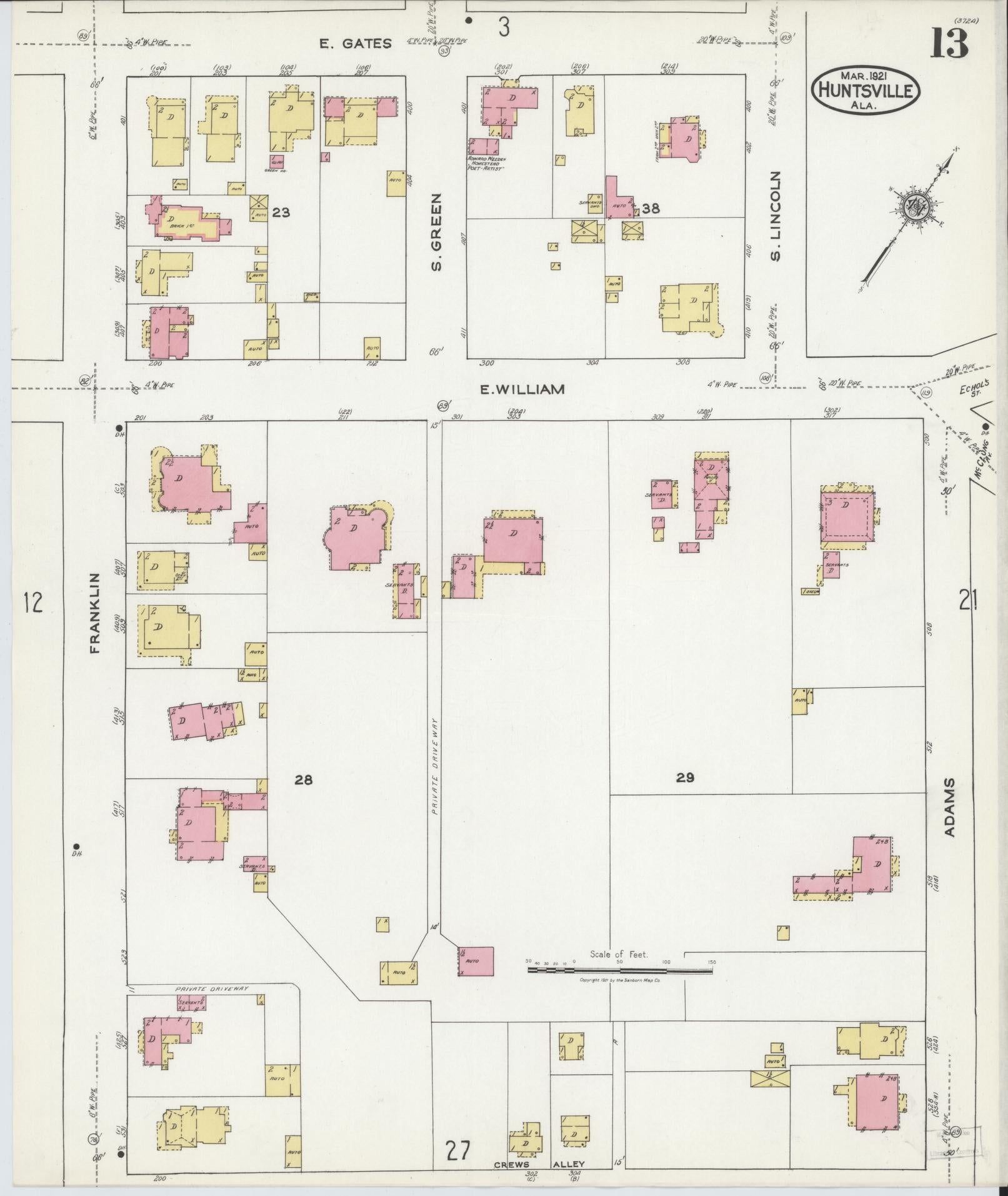 Sanborn Fire Insurance Map from Huntsville, Madison County, Alabama (1921), Sheet #0013 - Historic Sanborn Fire Insurance Map Print, vintage old map wall art, antique decor, genealogy gift, Alabama Alabama map