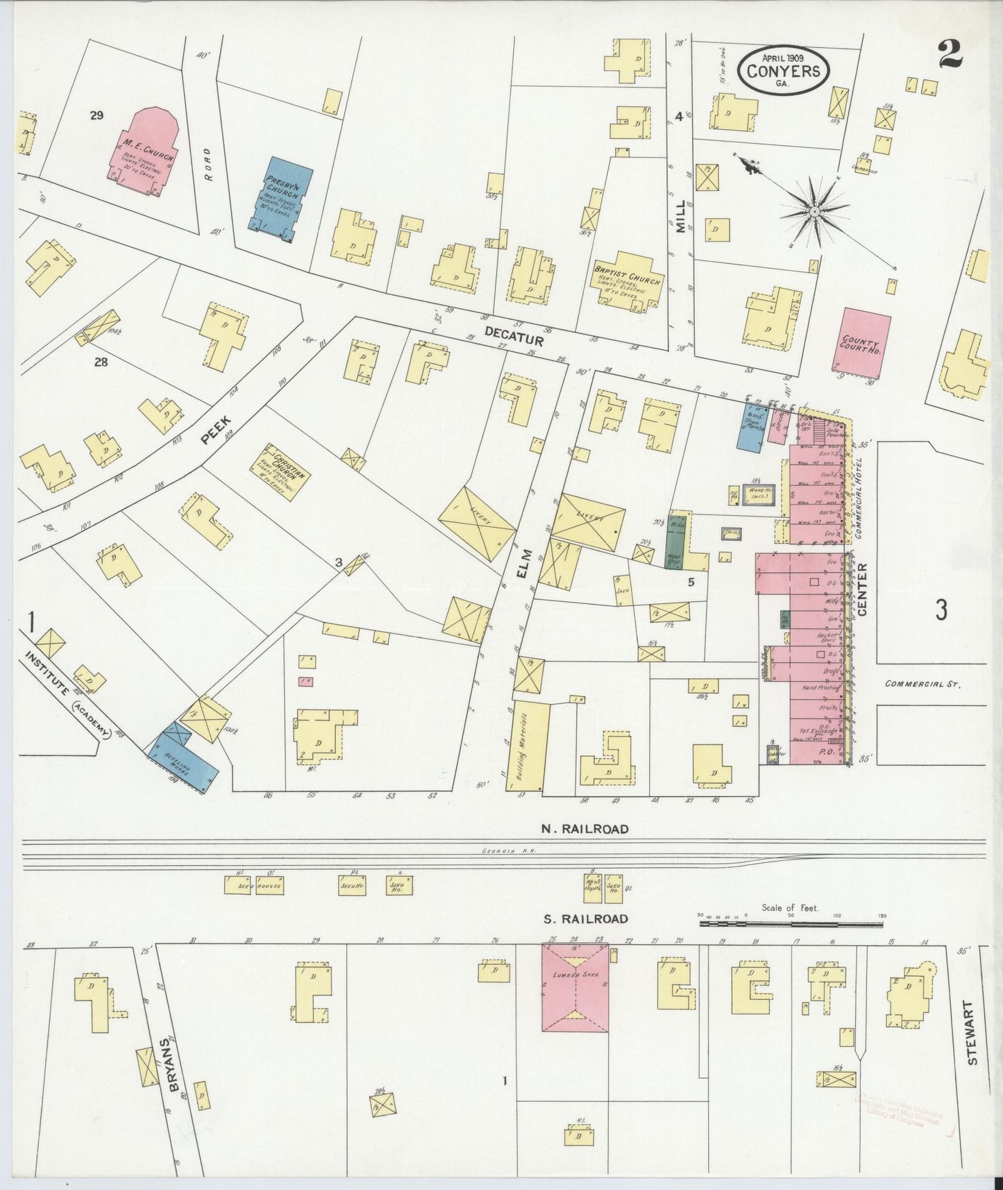 Sanborn Fire Insurance Map from Conyers, Rockdale County, Georgia (1909), Sheet #0002 - Complete Map Set gallery image, historic Sanborn map, vintage wall art, Georgia Georgia