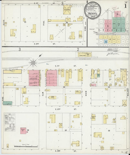 Sanborn Fire Insurance Map from Prescott, Nevada County, Arkansas (1896), Sheet #0001 - Complete Map Set gallery image, historic Sanborn map, vintage wall art, Prescott Nevada