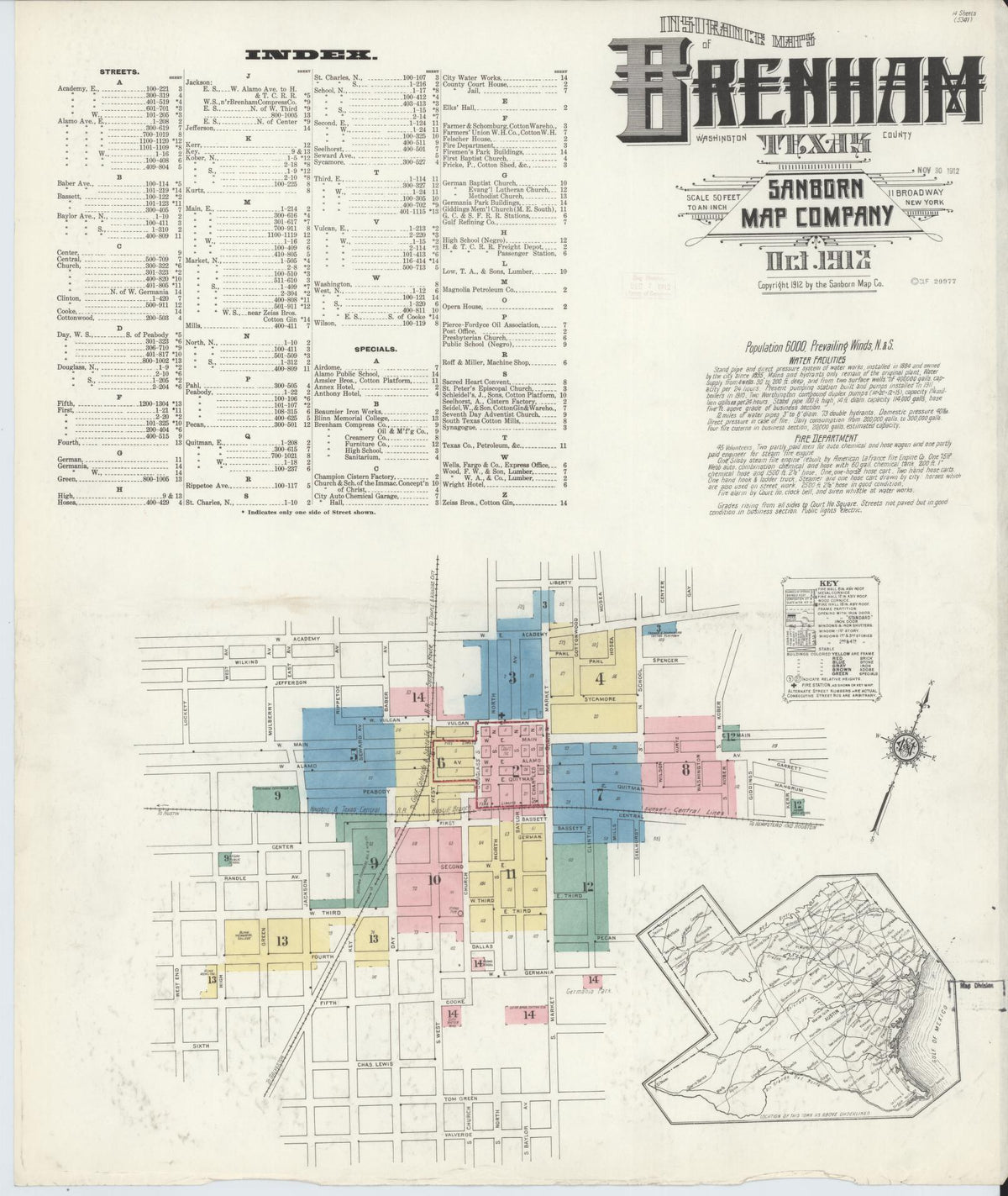 Sanborn Fire Insurance Map from Brenham, Washington County, Texas (1912), Sheet #0001 - Complete Map Set gallery image, historic Sanborn map, vintage wall art, Texas Texas