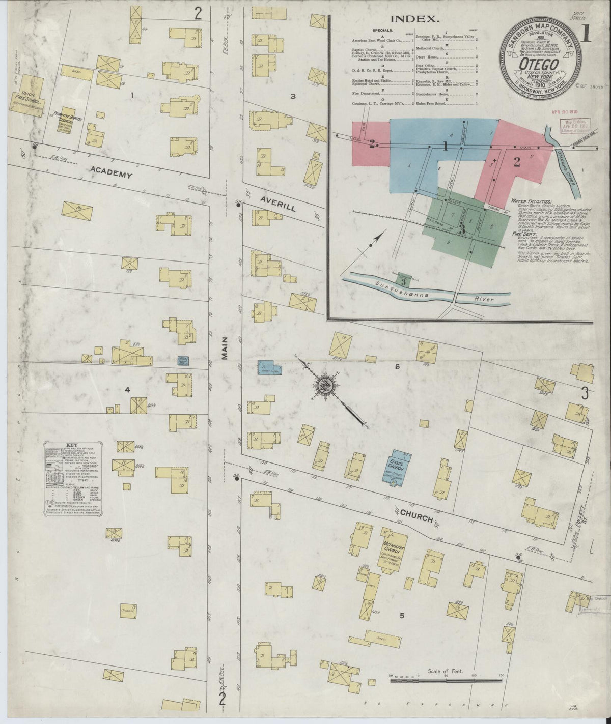Sanborn Fire Insurance Map from Otego, Otsego County, New York (1910), Sheet #0001 - Complete Map Set gallery image, historic Sanborn map, vintage wall art, New York New York