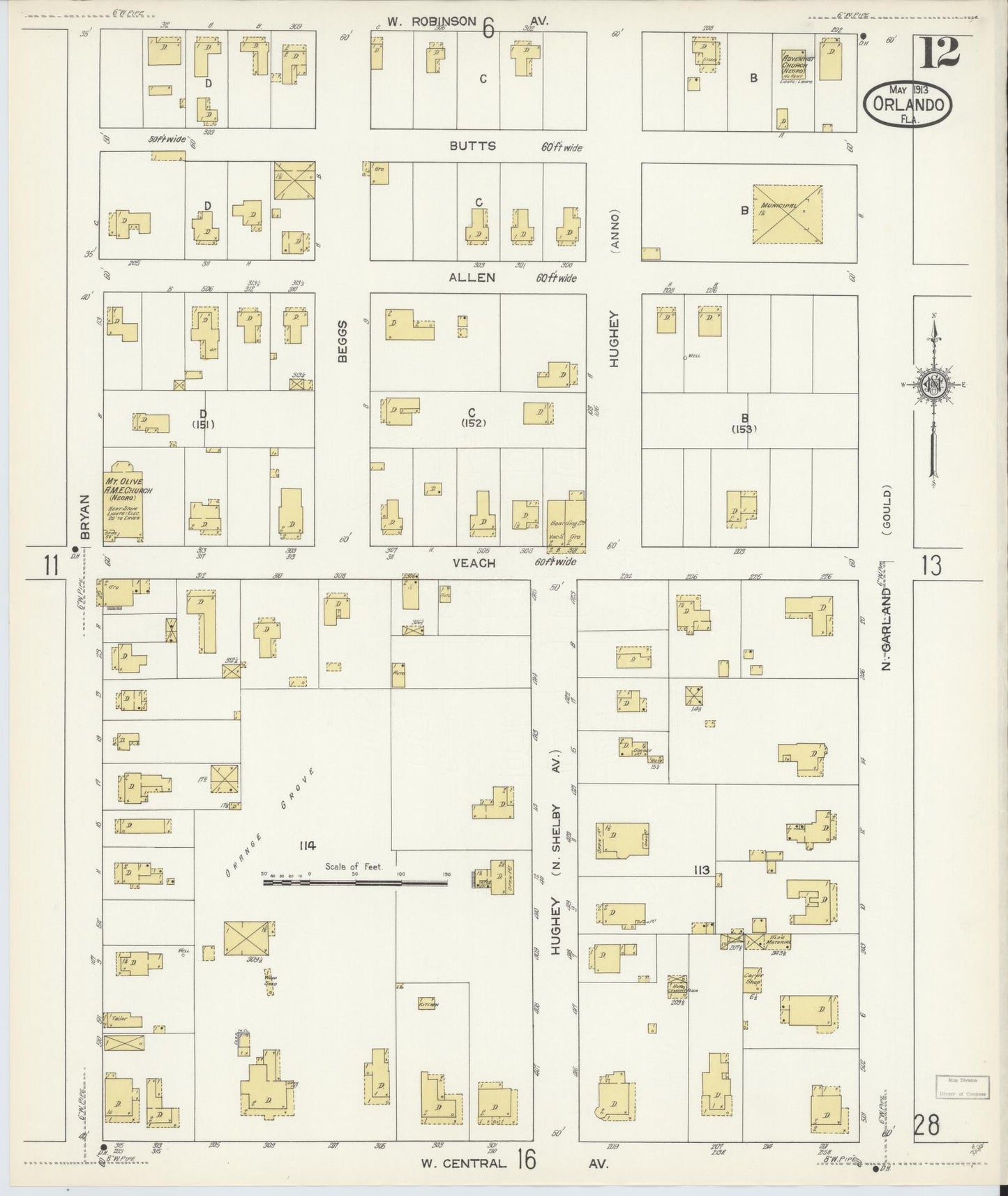 Sanborn Fire Insurance Map from Orlando, Orange County, Florida (1913), Sheet #0012 - Historic Sanborn Fire Insurance Map Print, vintage old map wall art, antique decor, genealogy gift, Florida Florida map
