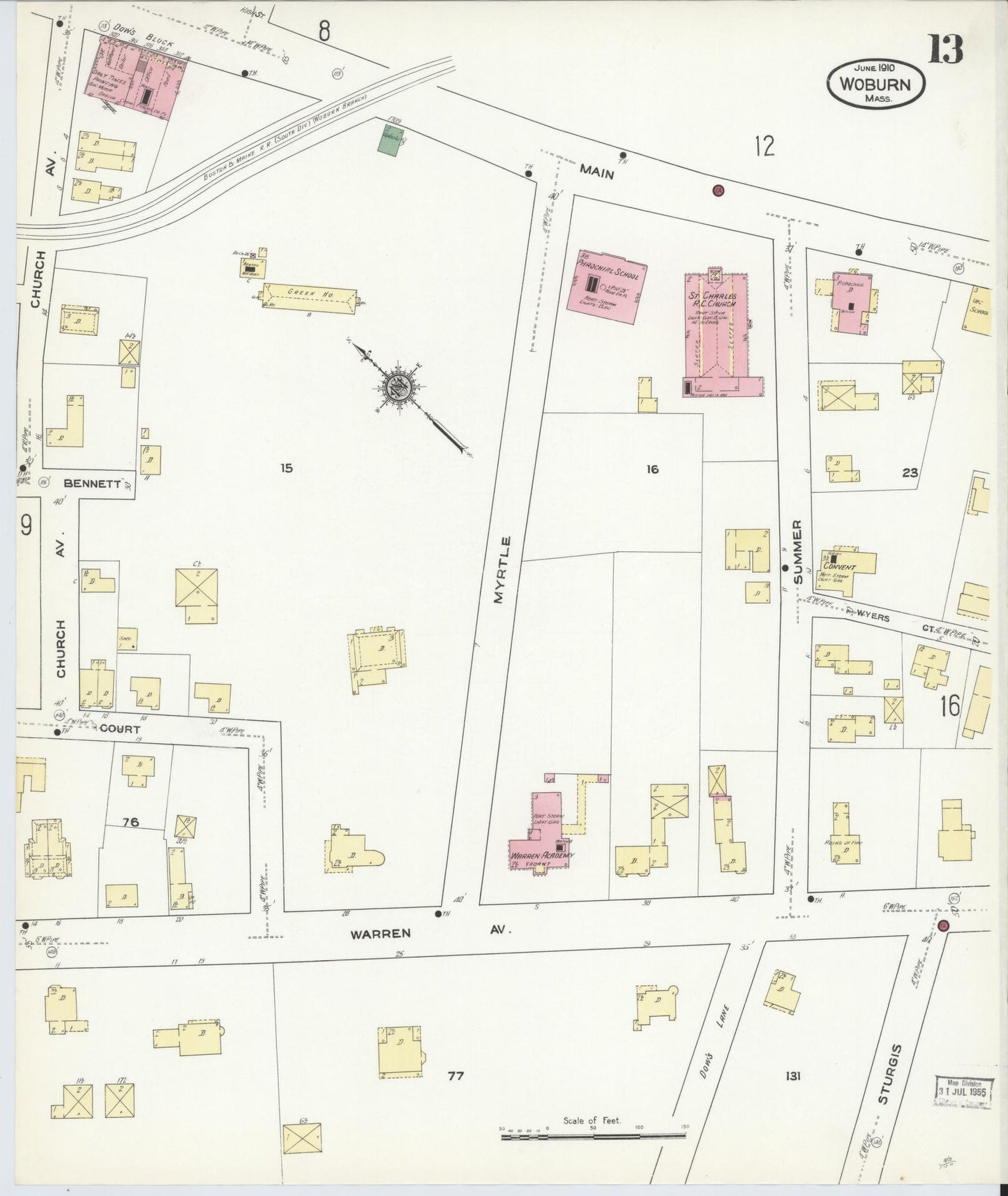 Sanborn Fire Insurance Map from Woburn, Middlesex County, Massachusetts (1910), Sheet #0013 - Complete Map Set gallery image, historic Sanborn map, vintage wall art, Massachusetts Massachusetts