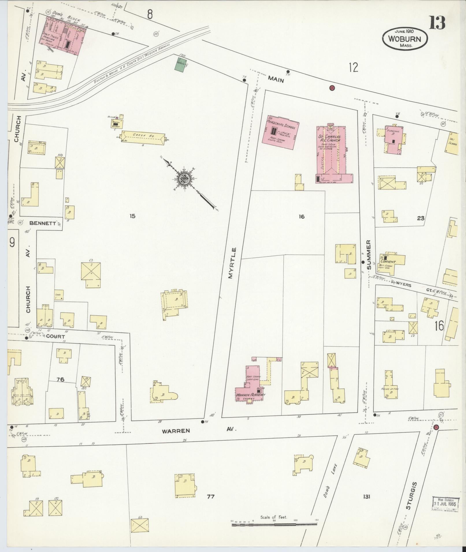 Sanborn Fire Insurance Map from Woburn, Middlesex County, Massachusetts (1910), Sheet #0013 - Complete Map Set gallery image, historic Sanborn map, vintage wall art, Massachusetts Massachusetts