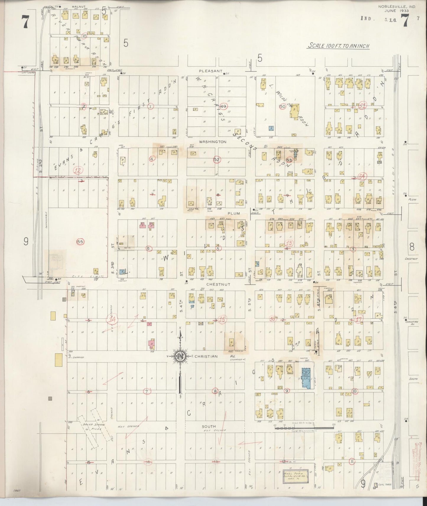 Sanborn Fire Insurance Map from Noblesville, Hamilton County, Indiana (1947), Sheet #0007 - Complete Map Set gallery image, historic Sanborn map, vintage wall art, Indiana Indiana