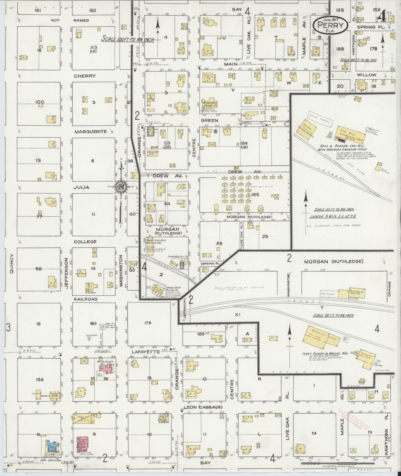 Sanborn Fire Insurance Map from Perry, Taylor County, Florida (1917), Sheet #0004 - Complete Map Set gallery image, historic Sanborn map, vintage wall art, Florida Florida