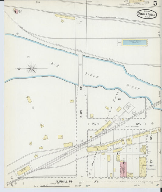 Sanborn Fire Insurance Map from Sioux Falls, Minnehaha County, South Dakota (1891), Sheet #0005 - Historic Sanborn Fire Insurance Map Print, vintage old map wall art, antique decor, genealogy gift, South Dakota South Dakota map