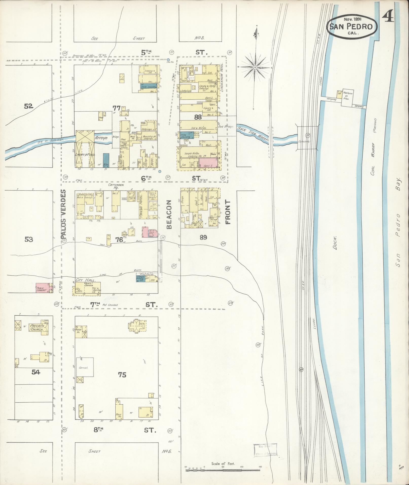 Sanborn Fire Insurance Map from San Pedro, Los Angeles County, California (1891), Sheet #0004 - Complete Map Set gallery image, historic Sanborn map, vintage wall art, California California