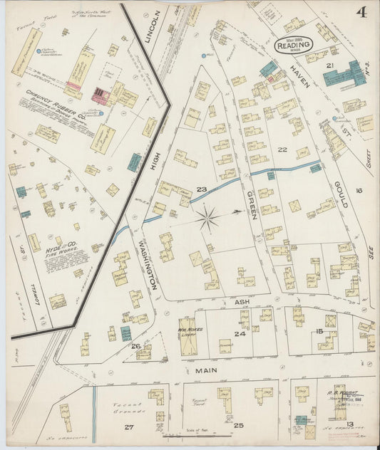 Sanborn Fire Insurance Map from Reading, Middlesex County, Massachusetts (1885), Sheet #0004 - Historic Sanborn Fire Insurance Map Print, vintage old map wall art, antique decor, genealogy gift, Massachusetts Massachusetts map