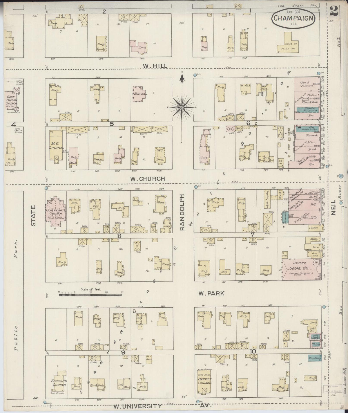 Sanborn Fire Insurance Map from Champaign, Champaign County, Illinois (1887), Sheet #0002 - Historic Sanborn Fire Insurance Map Print, vintage old map wall art, antique decor, genealogy gift, Illinois Illinois map