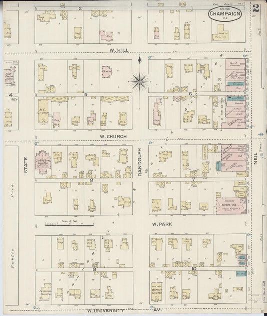 Sanborn Fire Insurance Map from Champaign, Champaign County, Illinois (1887), Sheet #0002 - Historic Sanborn Fire Insurance Map Print, vintage old map wall art, antique decor, genealogy gift, Illinois Illinois map