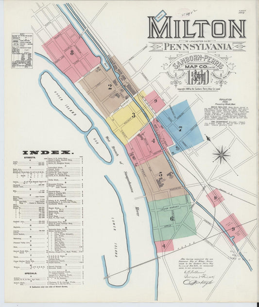Sanborn Fire Insurance Map from Milton, Northumberland County, Pennsylvania (1890), Sheet #0001 - Historic Sanborn Fire Insurance Map Print, vintage old map wall art, antique decor, genealogy gift, Pennsylvania Pennsylvania map