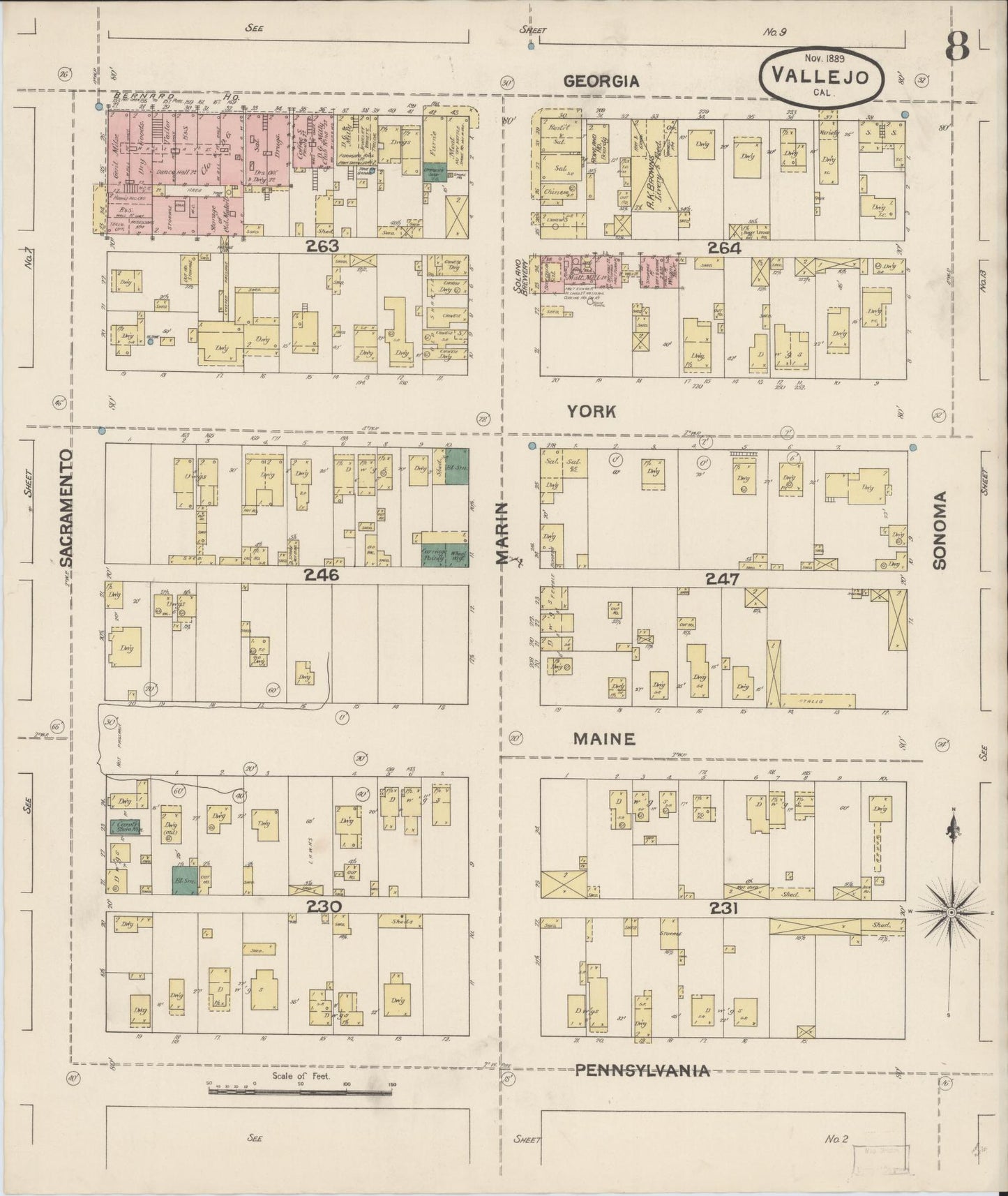 Sanborn Fire Insurance Map from Vallejo, Solano County, California (1889), Sheet #0008 - Complete Map Set gallery image, historic Sanborn map, vintage wall art, California California