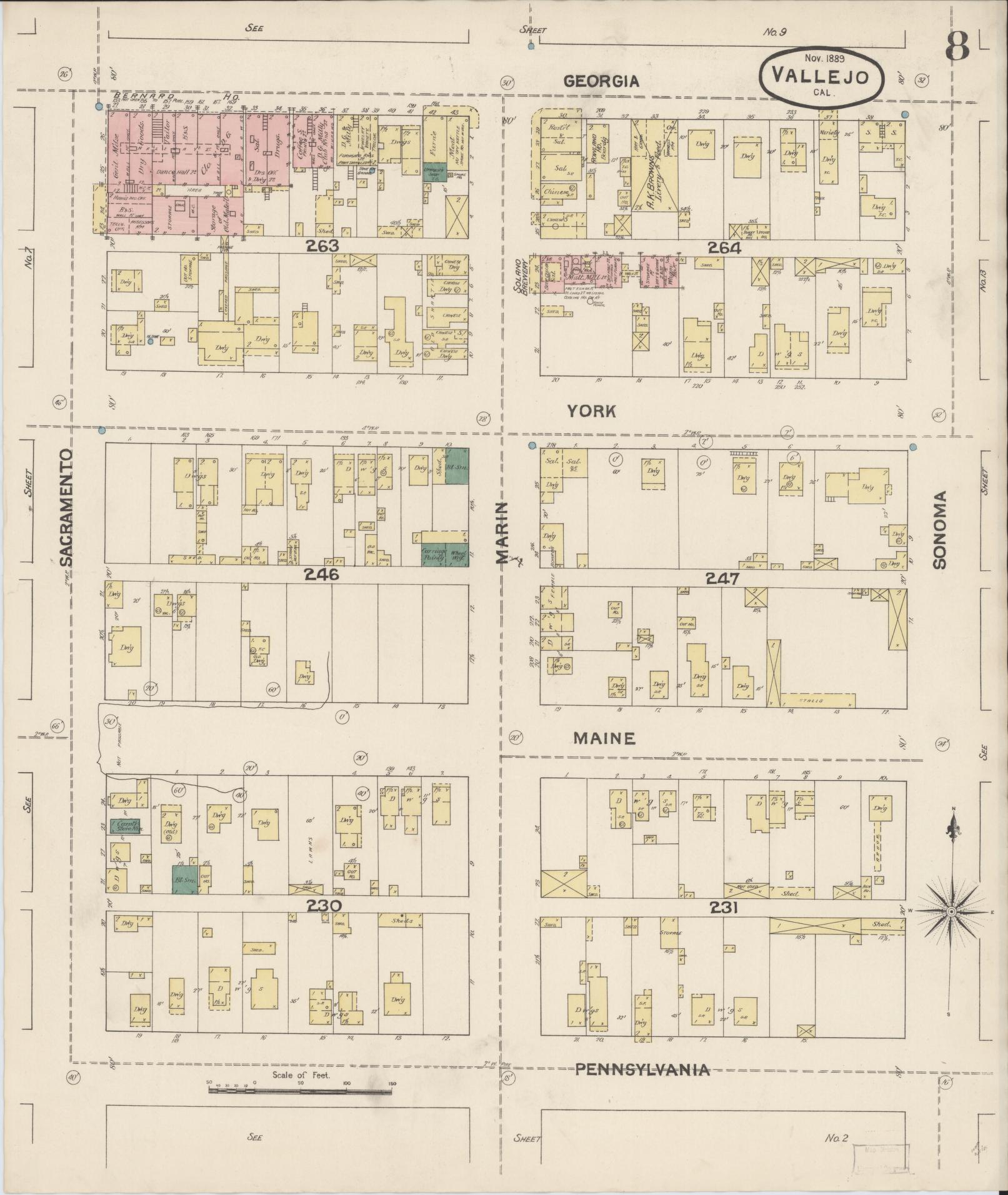 Sanborn Fire Insurance Map from Vallejo, Solano County, California (1889), Sheet #0008 - Complete Map Set gallery image, historic Sanborn map, vintage wall art, California California