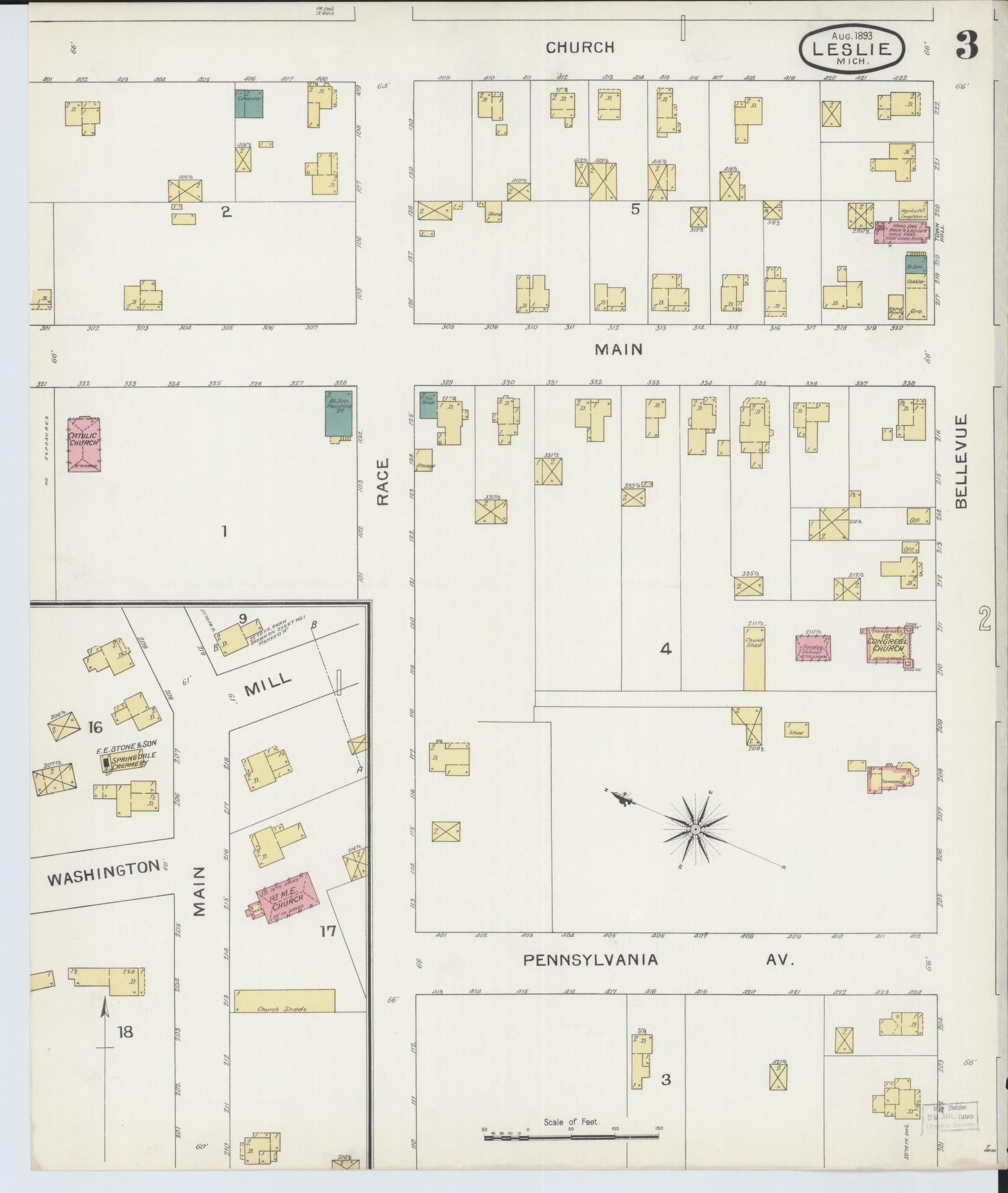 Sanborn Fire Insurance Map from Leslie, Ingham County, Michigan (1893), Sheet #0003 - Complete Map Set gallery image, historic Sanborn map, vintage wall art, Michigan Michigan