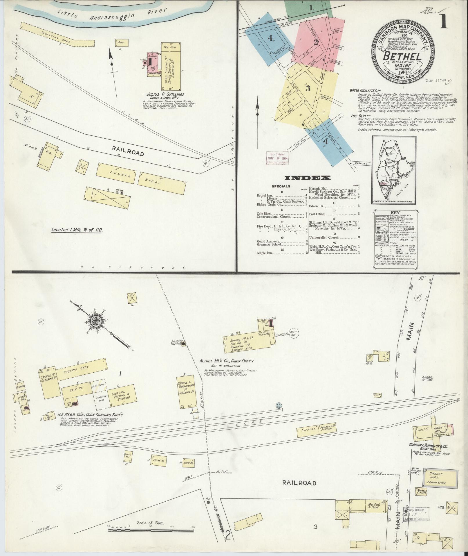 Sanborn Fire Insurance Map from Bethel, Oxford County, Maine (1914), Sheet #0001 - Complete Map Set gallery image, historic Sanborn map, vintage wall art, Maine Maine